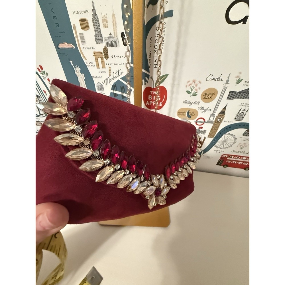 Burgundy Beaded Evening Bag Crossbody Strap Clutch Purse - Picture 2 of 7